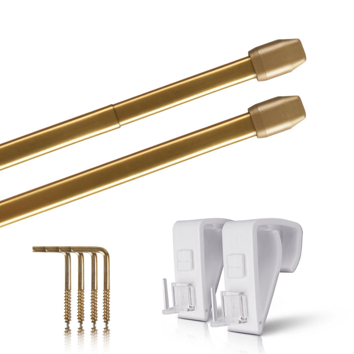 GARDINENSTANGE 2er-Pack Gold Messing glänzend 60-90 cm + 4 Klemmträger - Goldfarben, Metall (1/60cm)