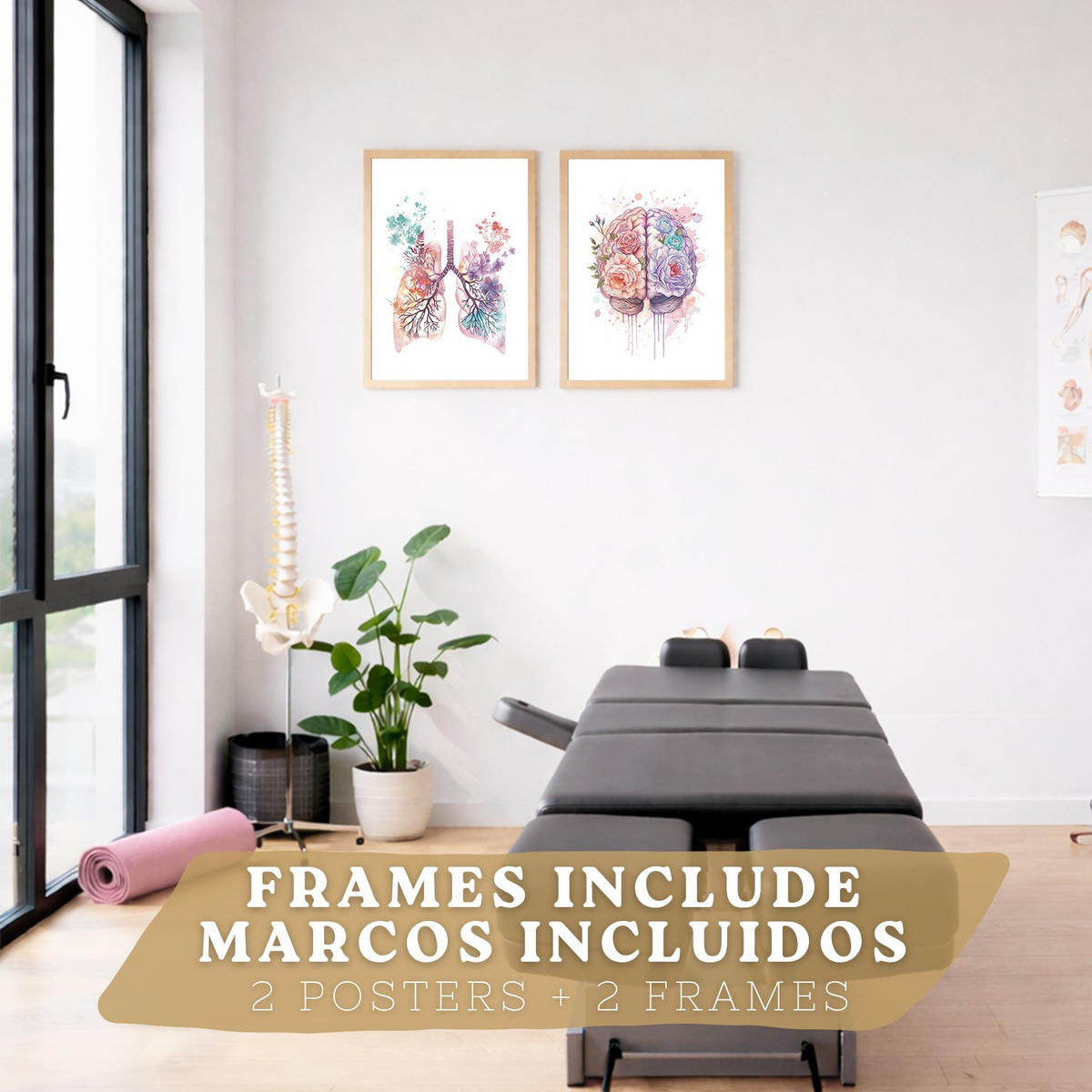 POSTER Set aus 2 Anatomie Mensch Drucke und mit Lungen Luftröhre Bronchien und Gehirn Pastellfarbenes Florales Aquarell Größe Leichter Holzrahmen A3 - Beige, Papier (29.7/42/3cm) - Nacnic