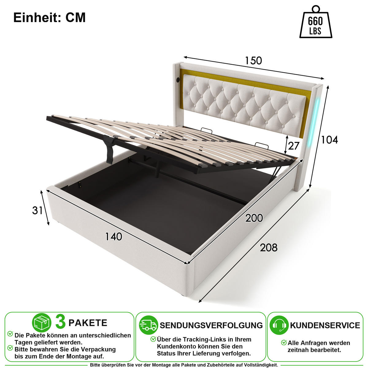 ČALOUNĚNÁ POSTEL 140/200 cm ve světle béžové barvě s úložným prostorem, LED a USB-C - béžová, kov/kompozitní dřevo (140/200cm) - CHICFURN