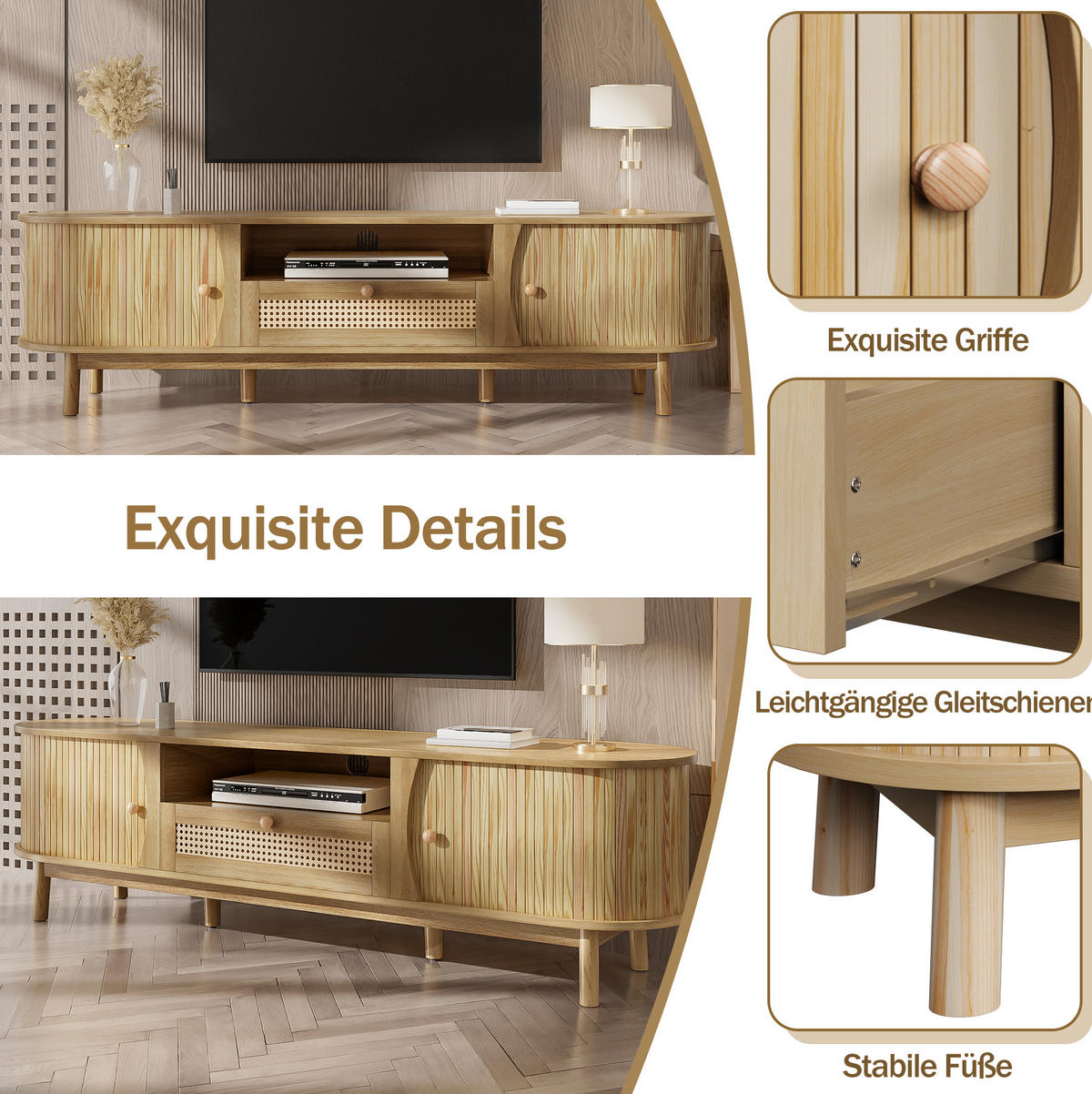 TV-LOWBOARD 165/37/46 cm natur aus MDF mit Rattanfronten und Schiebetür - Naturfarben, Holzwerkstoff (37/46/165cm) - OKWISH