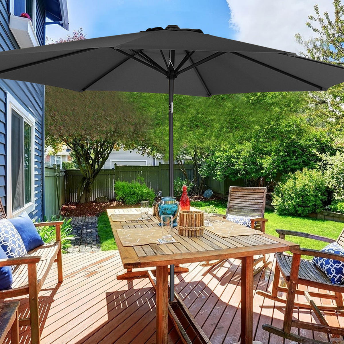 SONNENSCHIRM aus Polyester Metall mit Resin-Sockel Schwarz wetterfest und standfest drehbar 360° neigbar 60° 3 x 2.4m Ø49 × 35 cm - Schwarz, Metall (240/50cm) - Livingandhome