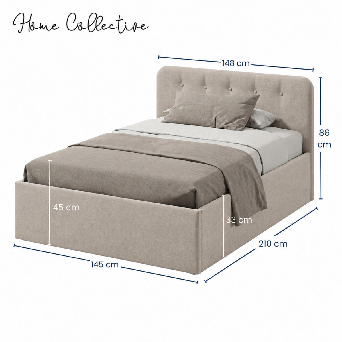 POLSTERBETT mit verstellbarem Lattenrost & Bettkasten, Kaltschaummatratze, 140 x 200 cm in Creme - Creme, Holzwerkstoff/Textil (140/200cm) - Home Collective