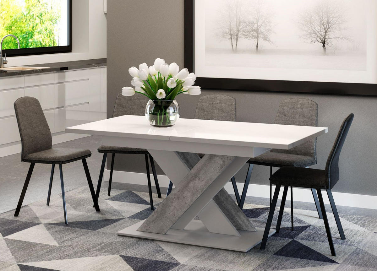 ESSTISCH rechteckig Weiß matt - Beton ausziehbar - Hellgrau/Weiß, Holzwerkstoff (80/140/75cm) - designimpex