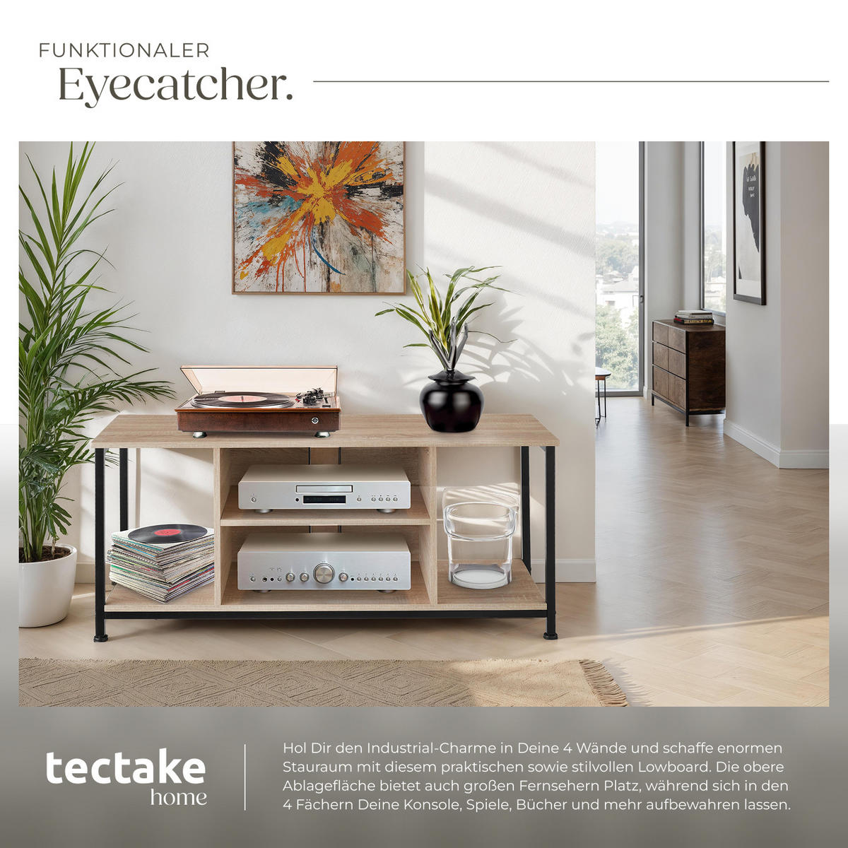 TV-REGAL Austin,110 x 40 x 50,5 cm,Industrial Holz hell, Eiche Sonoma - Naturfarben, Holzwerkstoff (40/50.5/110cm) - tectake