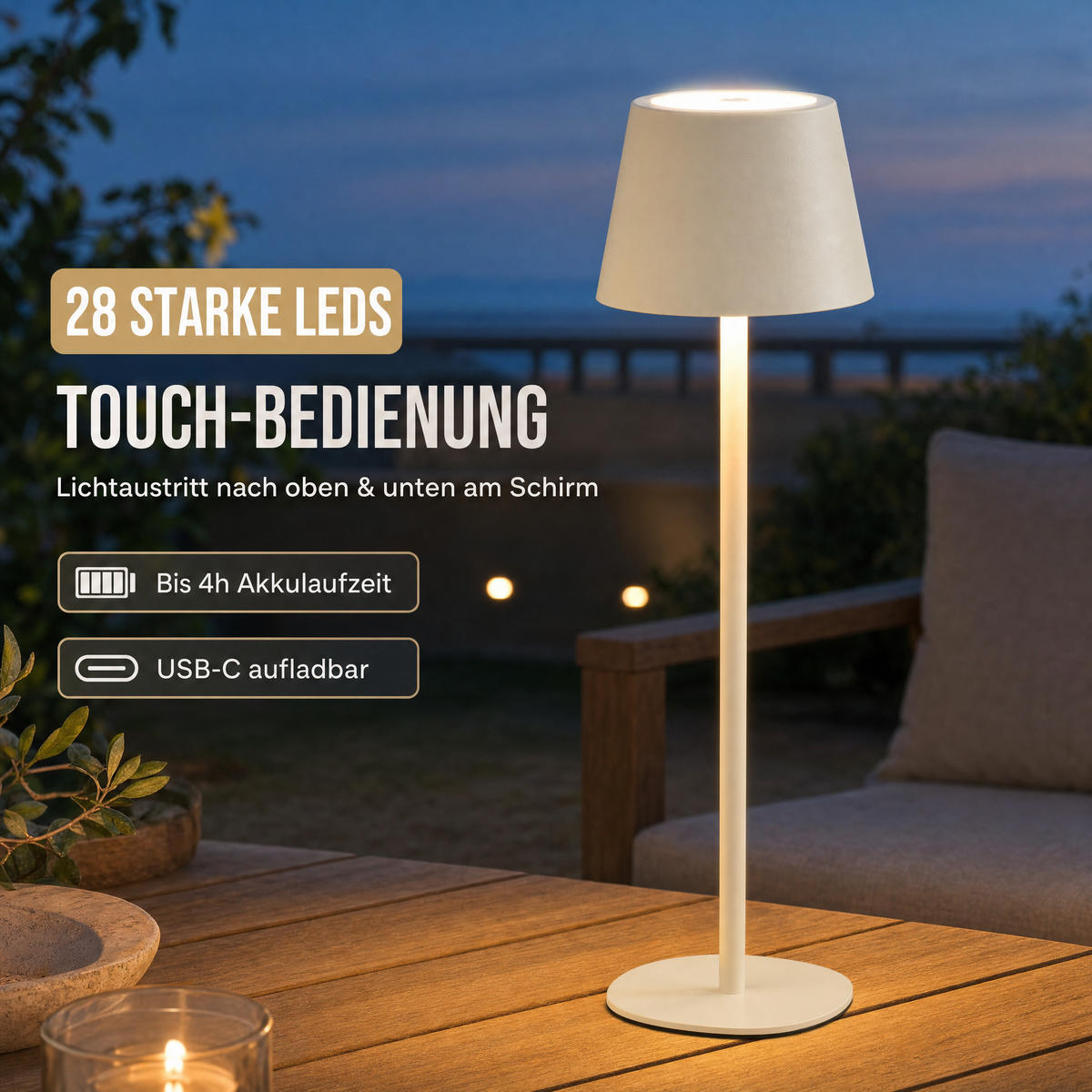 LED-TISCHLAMPE Akku 3-in-1 Beige dimmbar Flaschenaufsatz 26/45 cm Touch IP54 - Beige, Kunststoff (11/11/45cm) - Northpoint