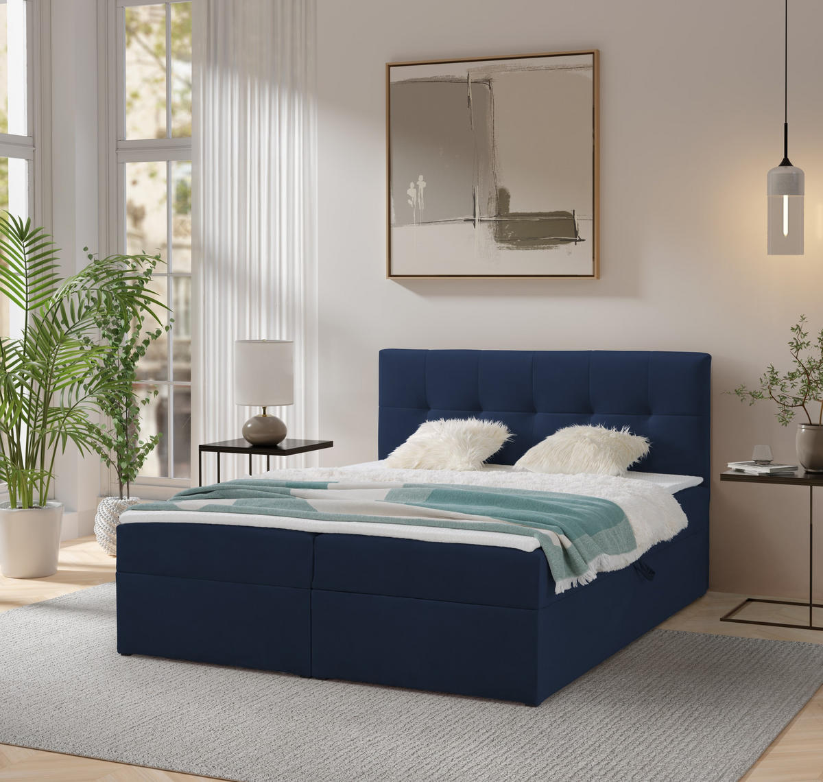 BOXBETT Toronto 180x200 Bonell-Matratze H3 und Topper - Silberfarben/Dunkelblau, Holz/Holzwerkstoff (180/200cm) - Ravio