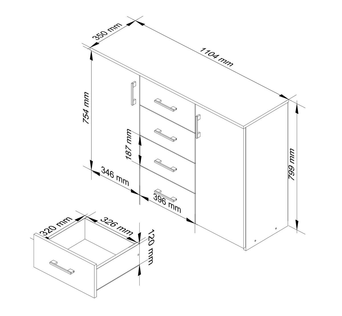 KOMMODE Weiß 110x35x80 cm - Silberfarben/Weiß, Holzwerkstoff/Kunststoff (110/80/35cm) - Akord