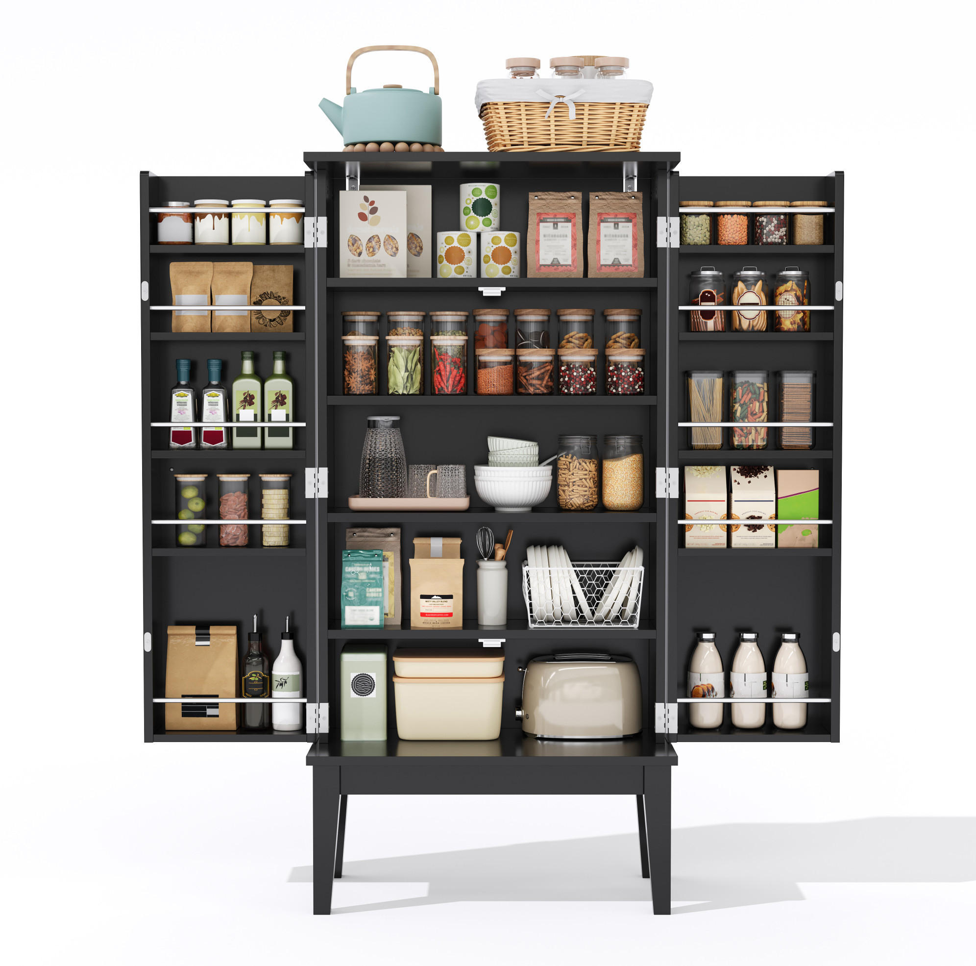 BUFFET 120/59/30 cm aus MDF mit 5 Fächern und Türablagen Schwarz - Schwarz, Holzwerkstoff (59/120/30cm) - Modenvie