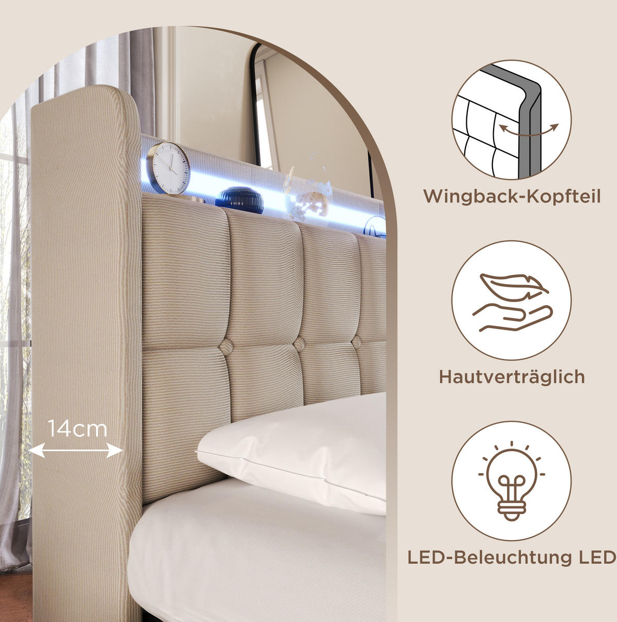 POLSTERBETT mit LED-Beleuchtung 160/200 cm mit 4 Schubladen & USB, Beige - Beige, Holz (160/200cm) - BEAOK