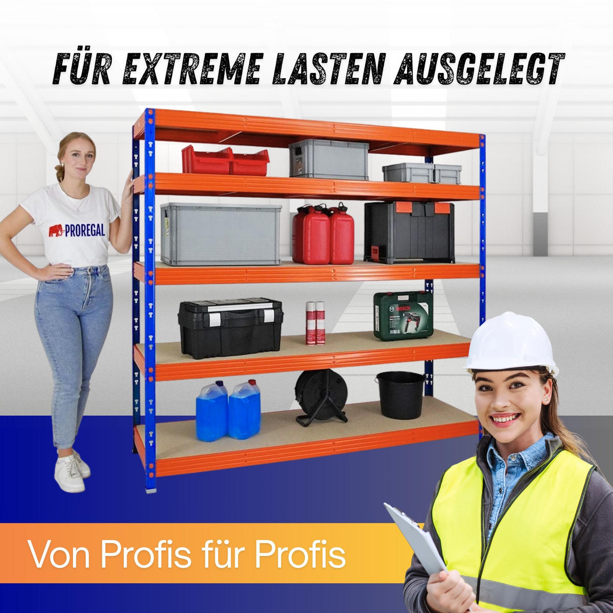 SCHWERLASTREGAL Rhino 180x200x60 cm 5 Spanplatten-Ebenen 8mm Fachlast 500 kg Blau/Orange - Blau/Orange, Metall (200/180/60cm) - PROREGAL