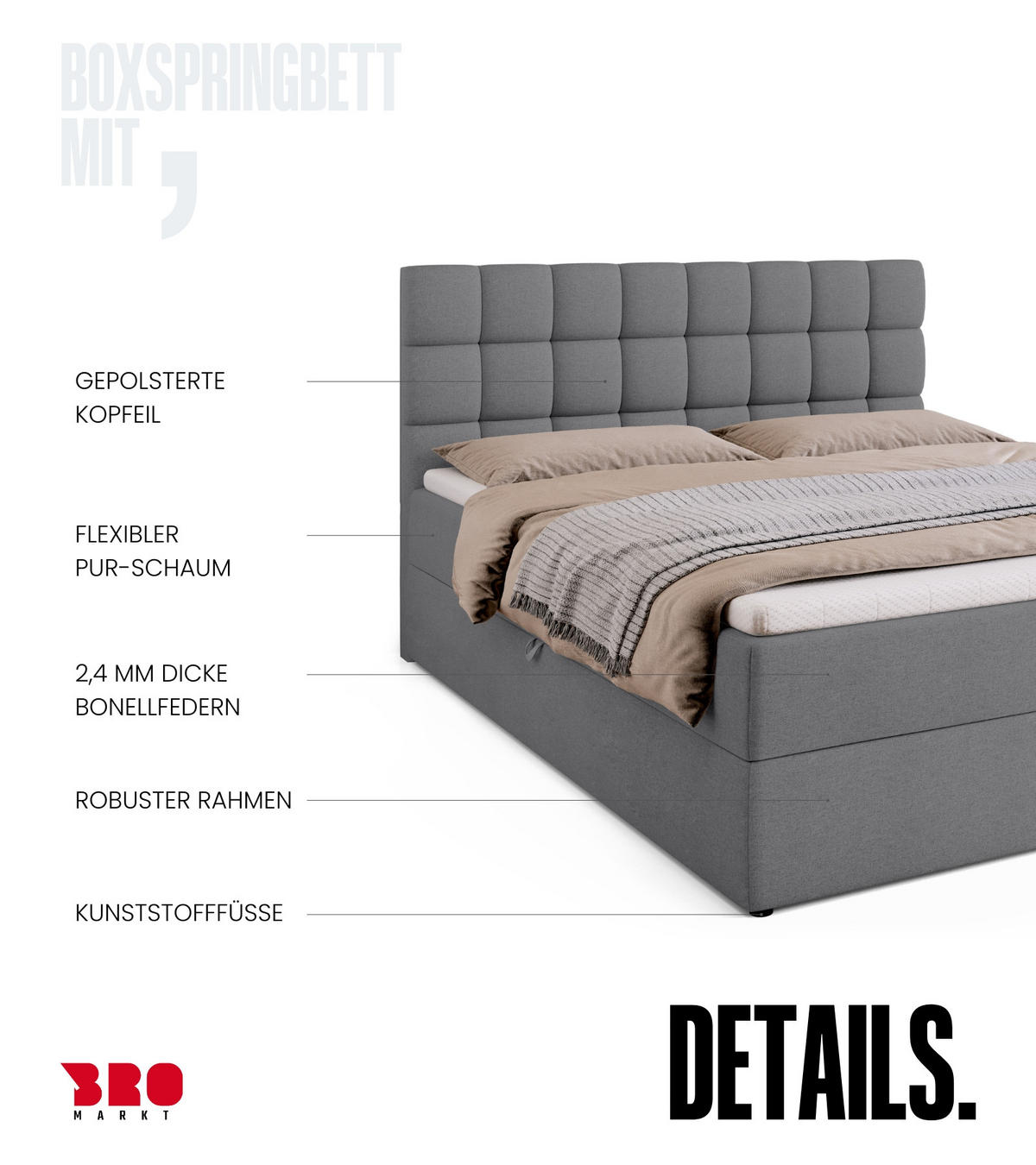 BOXBETT Dakota mit Topper 160/200 Hellgrau - Hellgrau, Textil (160/200cm) - Bromarkt