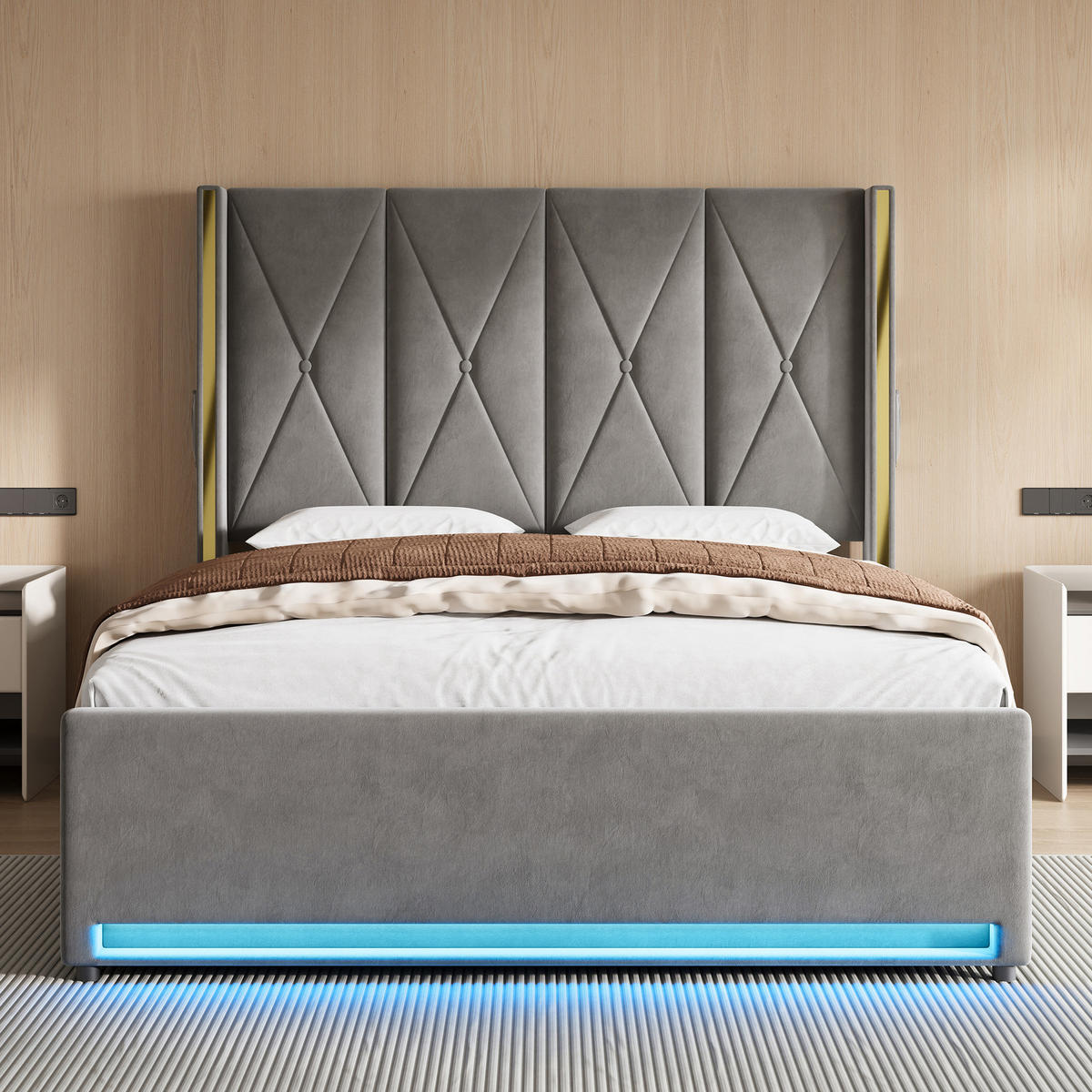 POLSTERBETT 160/200 cm in Dunkelgrau Samt mit Bettkasten, USB, LED und Seitentaschen - Dunkelgrau, Holzwerkstoff/Textil (160/200cm) - WISHDOR
