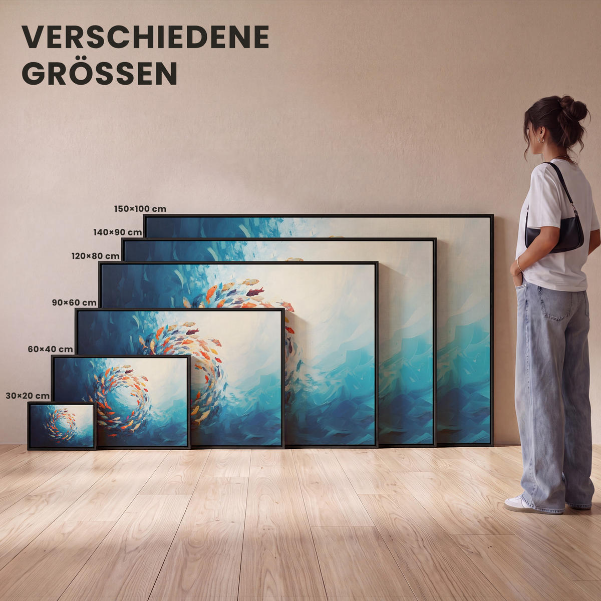 LEINWAND Bilder mit Rahmen - Meer - Fische - Bunt - Dynamisch - 150x100 - Hellblau, Textil (150/100cm) - MuchoWow