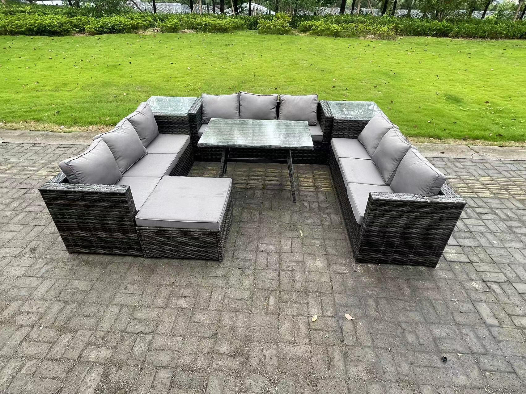 GARTENMÖBELSET mit Beistelltisch 10-Sitzer Grau - Dunkelgrau/Grau, Glas/Kunststoff - Fimous