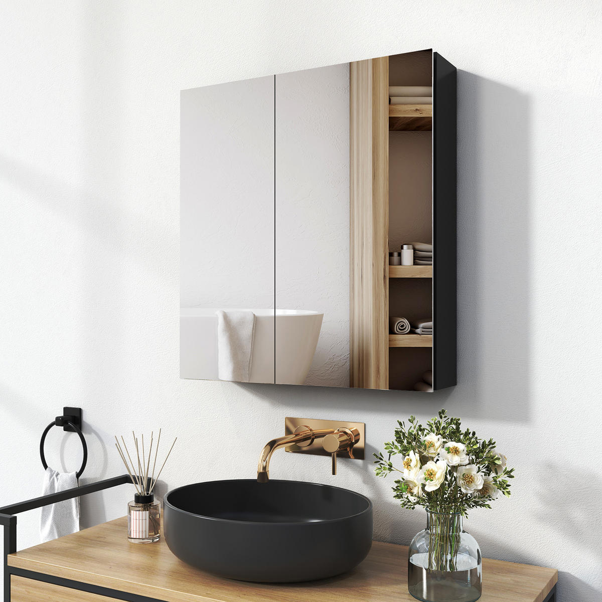 SPIEGELSCHRANK Schwarz 65/60/14,5 - Schwarz, Metall (60/65/65cm) - EMKE