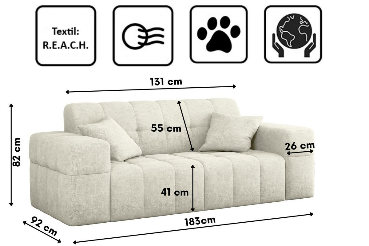 SOFA 2 Sitzer NIMES Stoff Perfect Harmony Creme - Creme, Holz/Kunststoff (183/82/92cm) - Kaiser Möbel