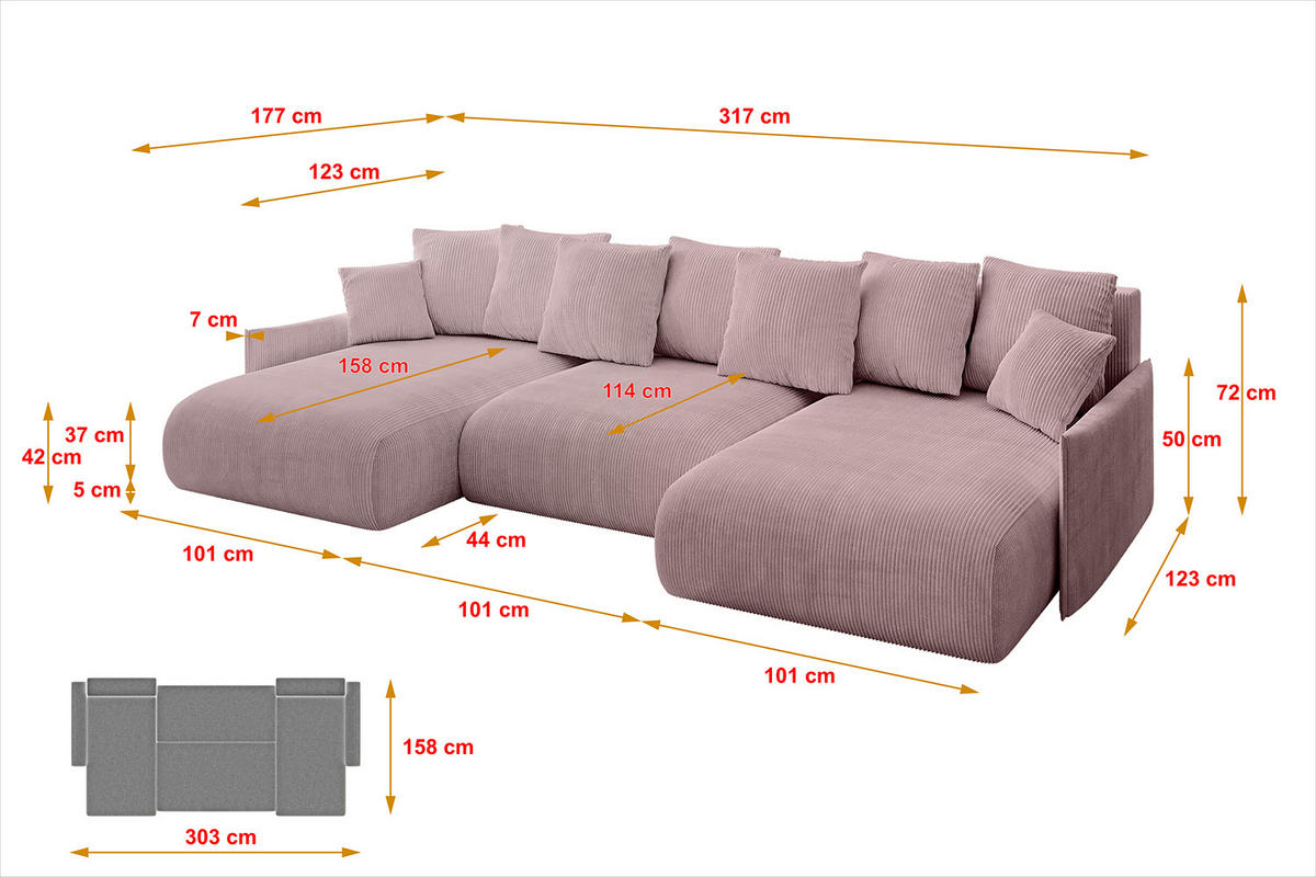 WOHNLANDSCHAFT mit Schlaffunktion und Bettkasten ONESK-U-v1 317x177x72 Rosa Cord - Rosa, Holzwerkstoff/Kunststoff (317/72/177cm) - ALTDECOR