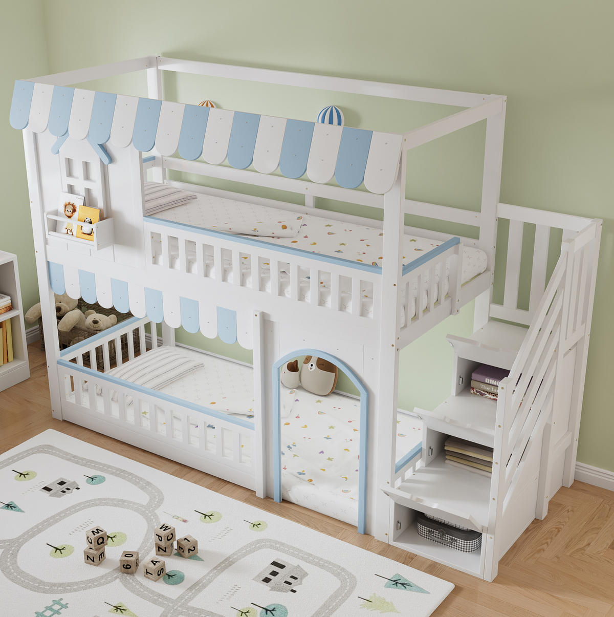 ETAGENBETT mit Treppenaufbewahrungs-Schrank, Weiß+Blau, 90/200 cm - Weiß, Holz (90/200cm) - MIVRAY