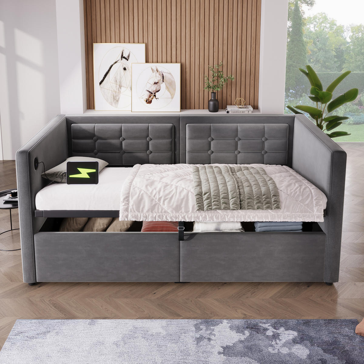 BETT 90/200 cm Grau mit Hydraulischem Stauraum und USB- und Type-C-Anschlüssen - Grau, Textil (90/200cm) - OKWISH