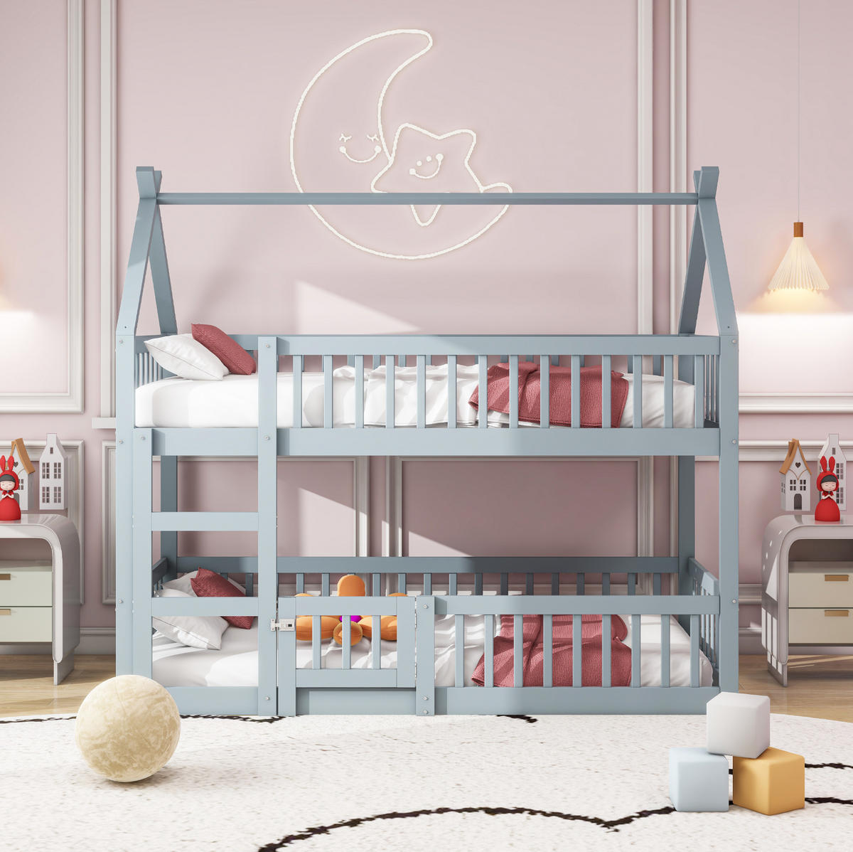 ETAGENBETT aus Holz 90x200 cm Grau mit Treppe, hohem Fallschutz und Spielbereich - Grau, Holzwerkstoff (90/200cm) - Modfu