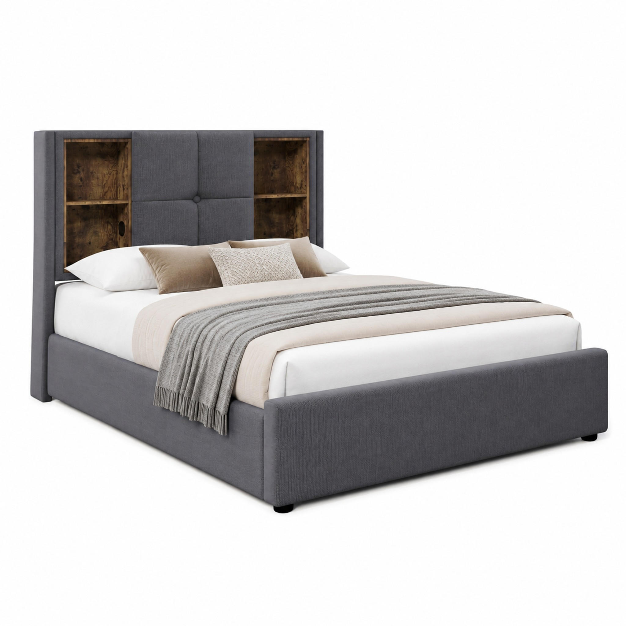 POLSTERBETT mit Stauraum und USB 90x200 cm Baumwolle Grau - Grau, Metall (90/200cm) - Meubliv