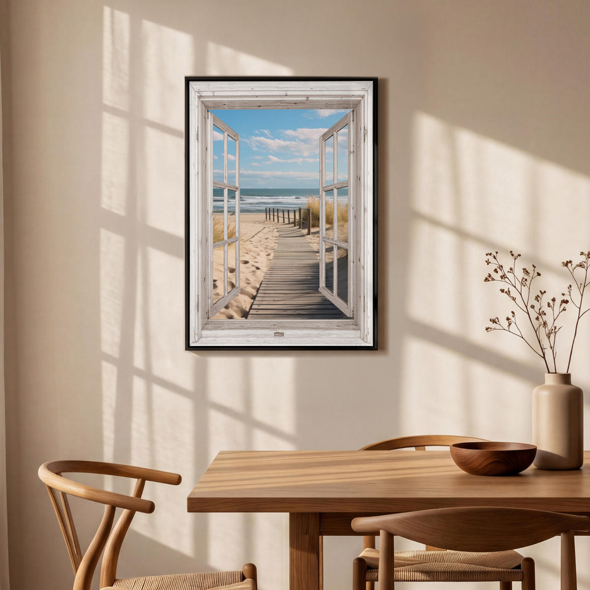 LEINWAND Bilder mit Rahmen - Fenster - Meer - Küste - Natur - Ausblick - Strand - Wattenmeer - 60x90 - Beige, Textil (60/90cm) - MuchoWow