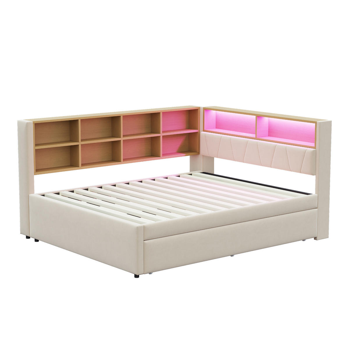 BETT mit Ausziehbett 140/200 cm & 90/190 cm mit LED-Beleuchtung und USB-Anschlüssen Flanell Beige - Beige, Textil (140/200cm) - OKWISH