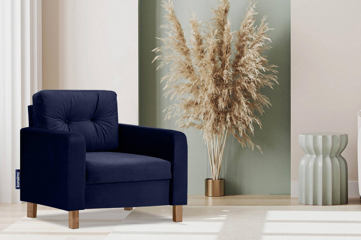 SESSEL ERISO mit Armlehnen und angenehmer Stoff zum Anfassen, Velour-Stoff, marineblau - Blau/Braun, Textil (80/75/75cm) - KONSIMO®