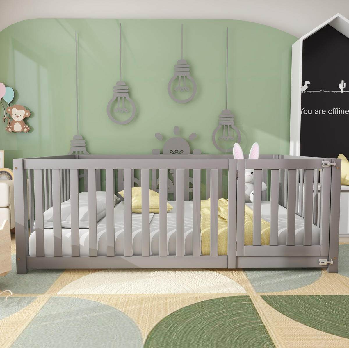 BETT aus Kiefernholz 140x200 cm Grau mit Zaun und Tür im Bodenbett-Design - Grau, Holzwerkstoff (140/200cm) - Modfu