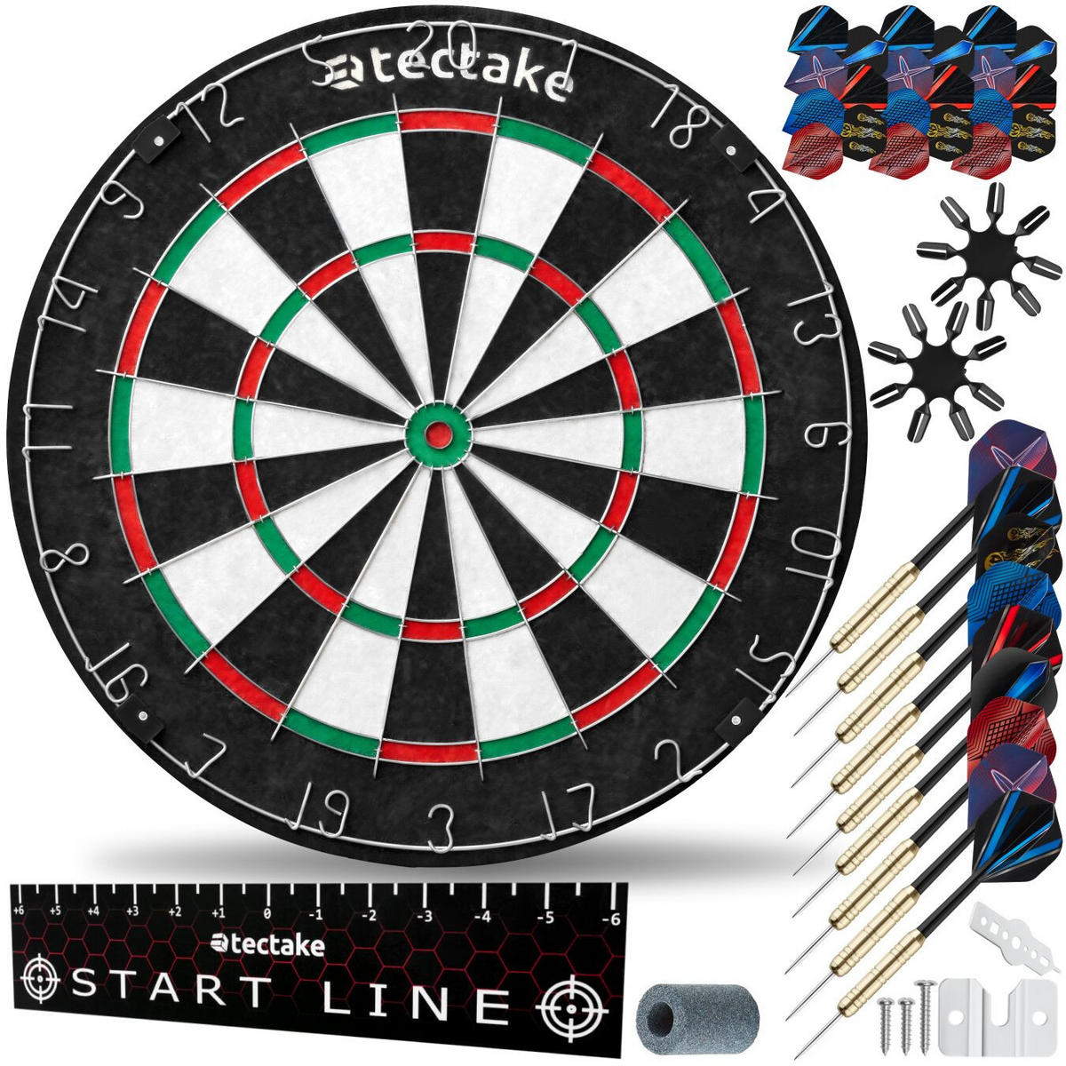 DARTSCHEIBE Bully,Zubehör aus Anspitzer, 16 Flight-Schützern und Startlinie,schwarz/weiß - Schwarz/Weiß, Naturmaterialen (45/45cm) - tectake