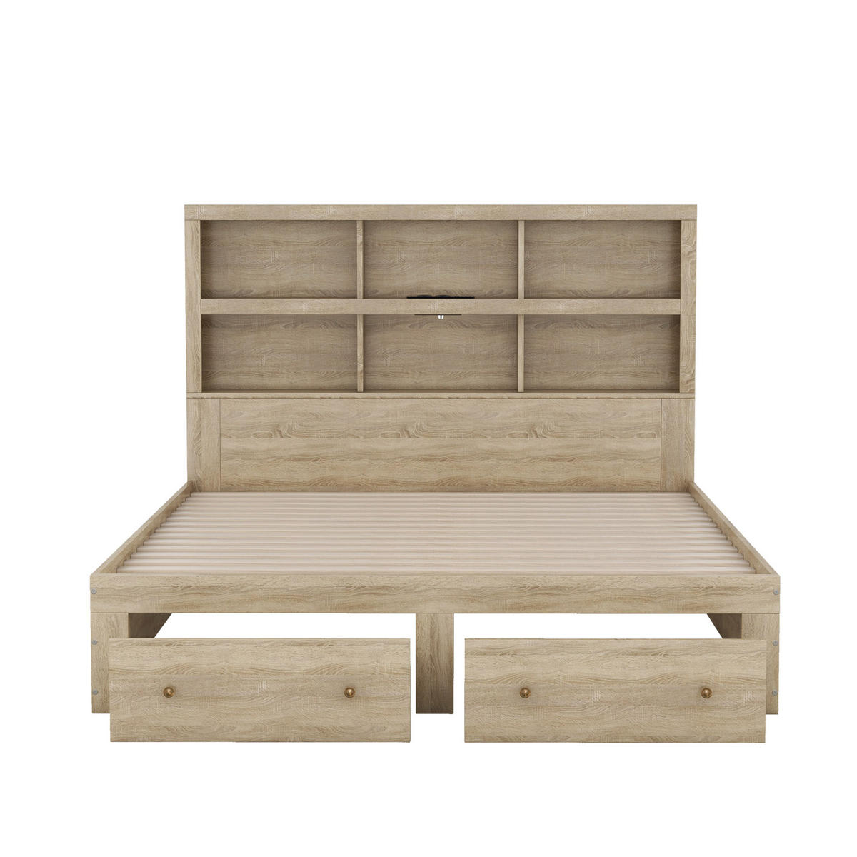 DOPPELBETT 160/200 cm Natur Kingsize-Plattformbett mit Stauraum und USB-Ladeanschluss - Naturfarben, Holzwerkstoff (160/200cm) - OKWISH
