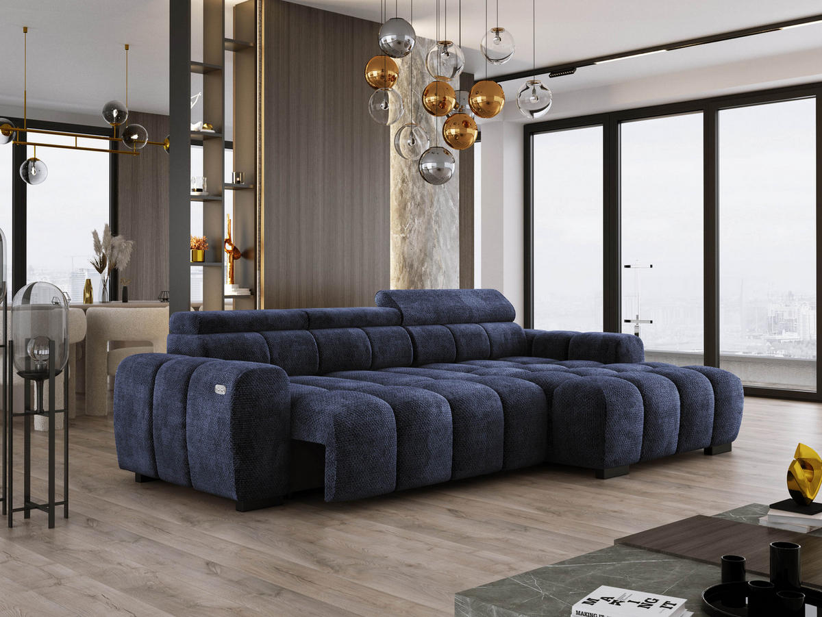 ECKSOFA OMBO 285x168x77/97 cm, Rechts, Schlaffunktion, elektr. Sitz, Kopfstützen, hydrophober EDEN-Stoff – Dunkelblau - Dunkelblau, Holz/Textil (285/168cm) - DomoHome