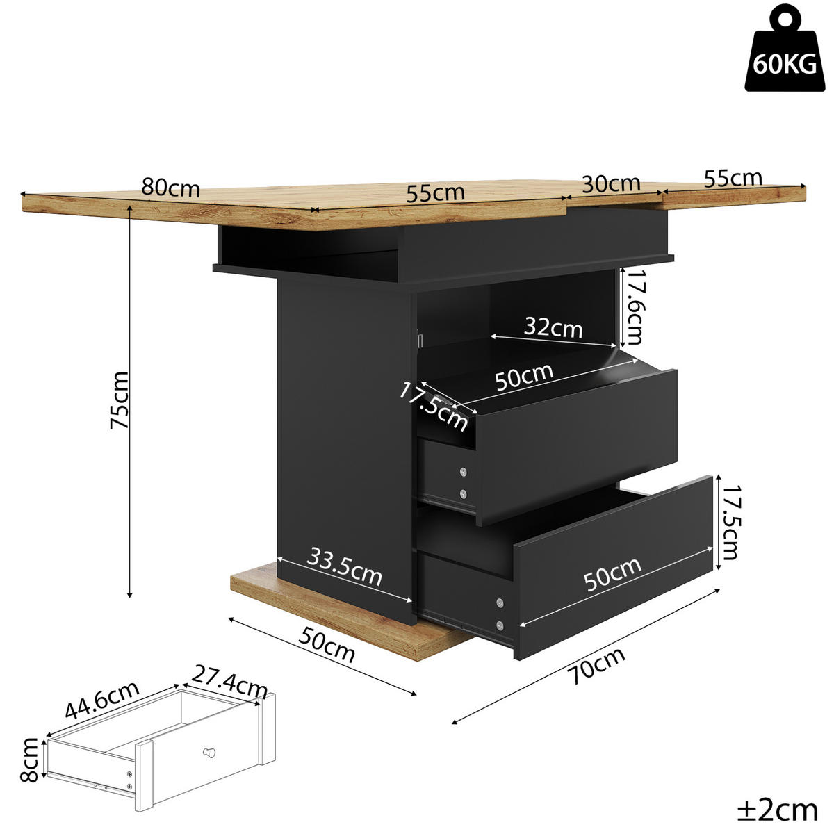ESSTISCH aus MDF 110-140x80x75 cm Schwarz/Natur ausziehbar mit Stauraum und Soft-Close-Klappe - Schwarz, Holzwerkstoff (110/80/75cm) - Modfu