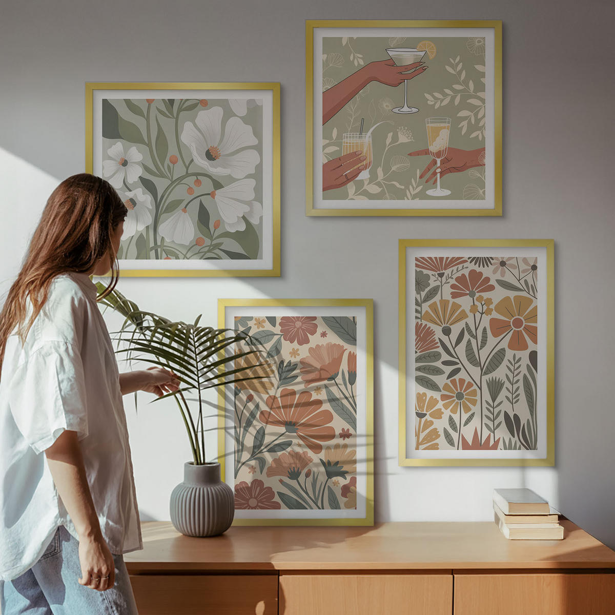 BILDER SET 4er Set - 50x50 cm & 40x60 cm Goldrahmen - Blumenmuster in Orange und Grün - Goldfarben, Kunststoff (50/50cm) - TULUP