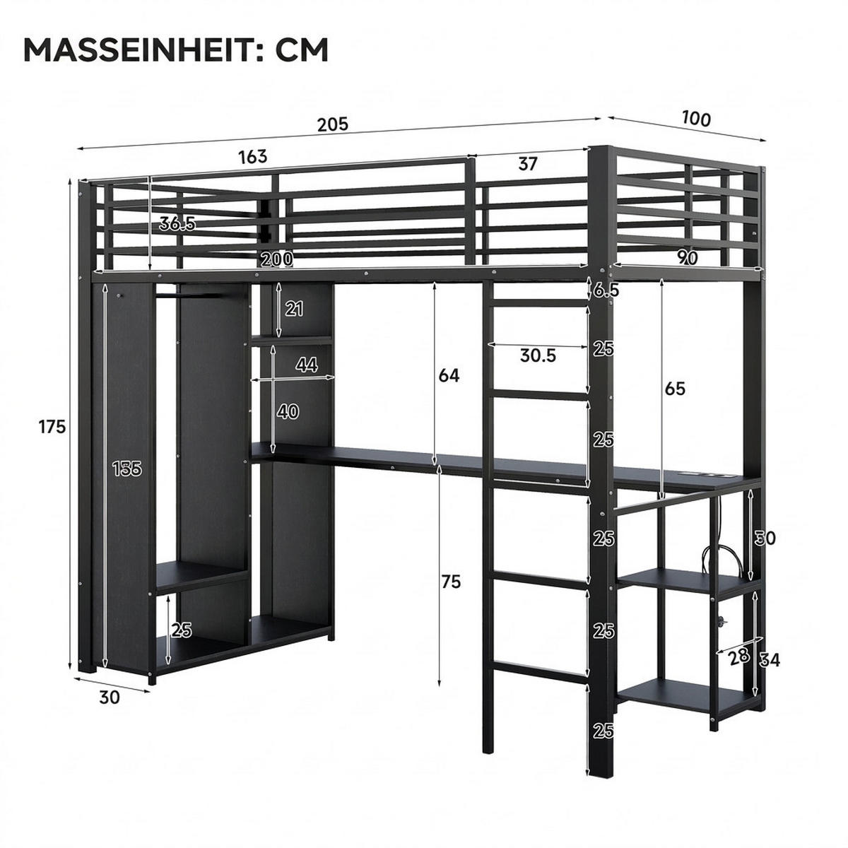 HOCHBETT 90/200 cm Schwarz mit LED-Lichtleiste, Schreibtisch und Offener Kleiderschrank - Schwarz, Metall (90/200cm) - Oxeza