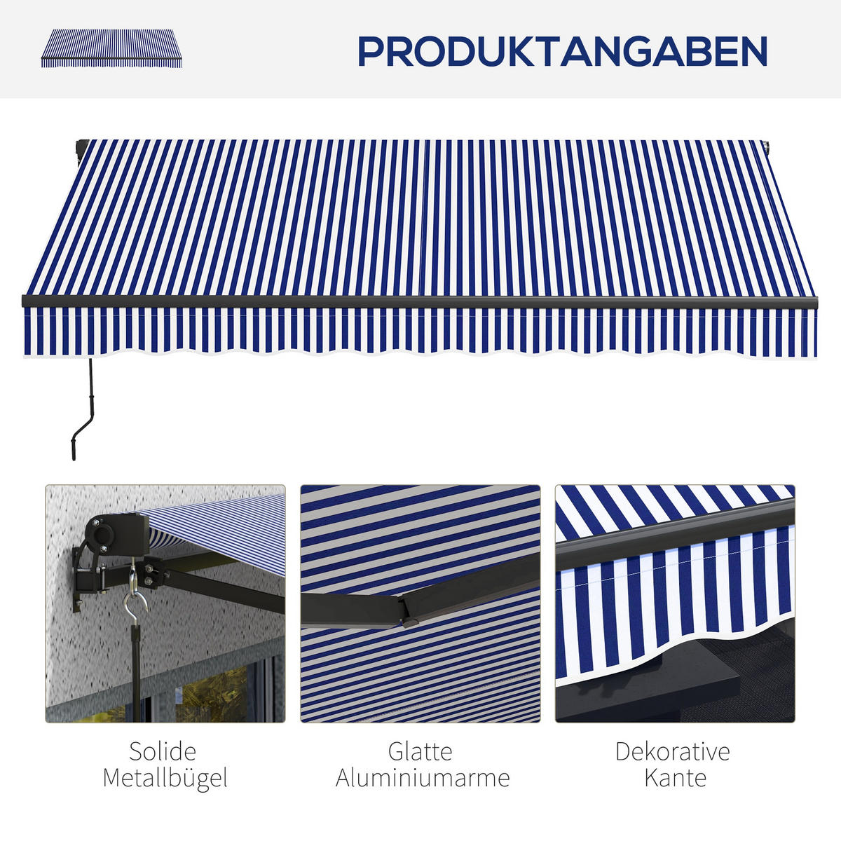 MARKISE, Grau+Weiß, Polyesterstoff, Aluminium - Blau, Metall (247/1/295cm) - Outsunny