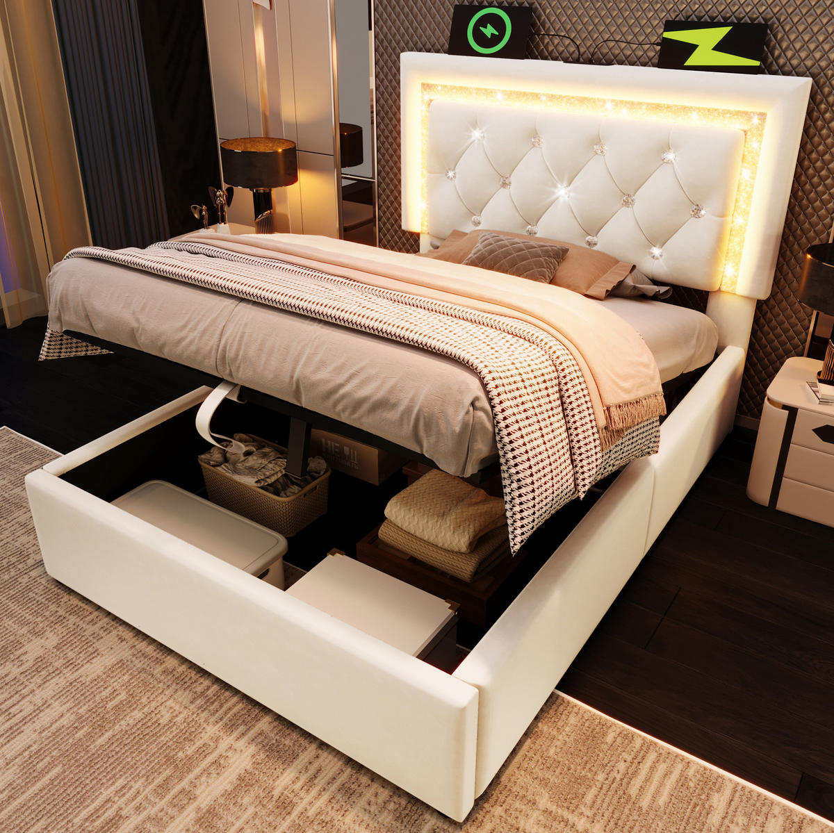 POLSTERBETT 90/200 cm mit LED-Beleuchtung, USB- und Type-C-Anschluss, hydraulischem Bettkasten, Samtbezug, Beige - Beige, Textil (90/200cm) - Redom