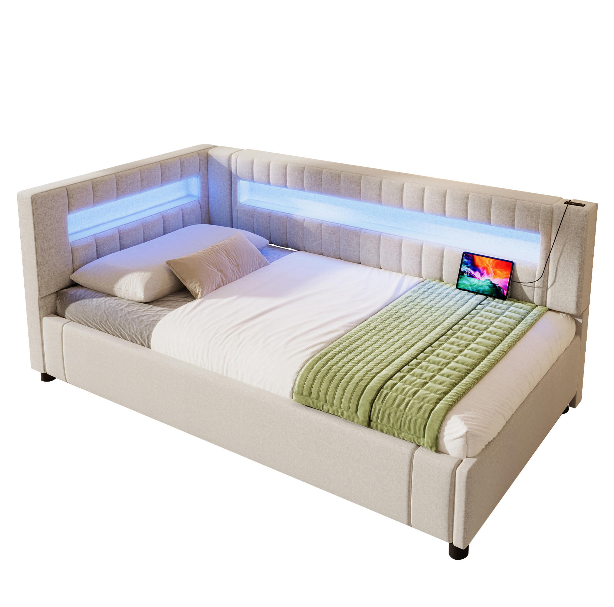 POLSTERBETT 90/200 cm in Beige mit LED-Beleuchtung, Stauraum und USB- und Type-C-Anschlüssen - Beige, Textil (90/200cm) - Flora Grace