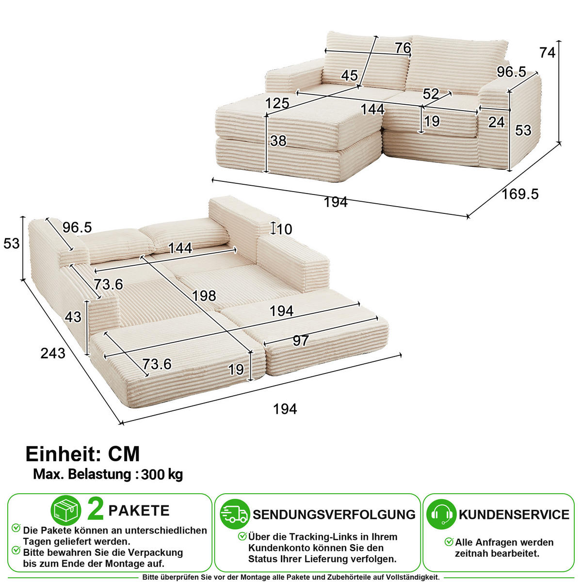 ECKSOFA in Beige aus Cord mit abnehmbarer Fußstütze - Beige, Holzwerkstoff/Textil (194/169.5cm) - CHICFURN