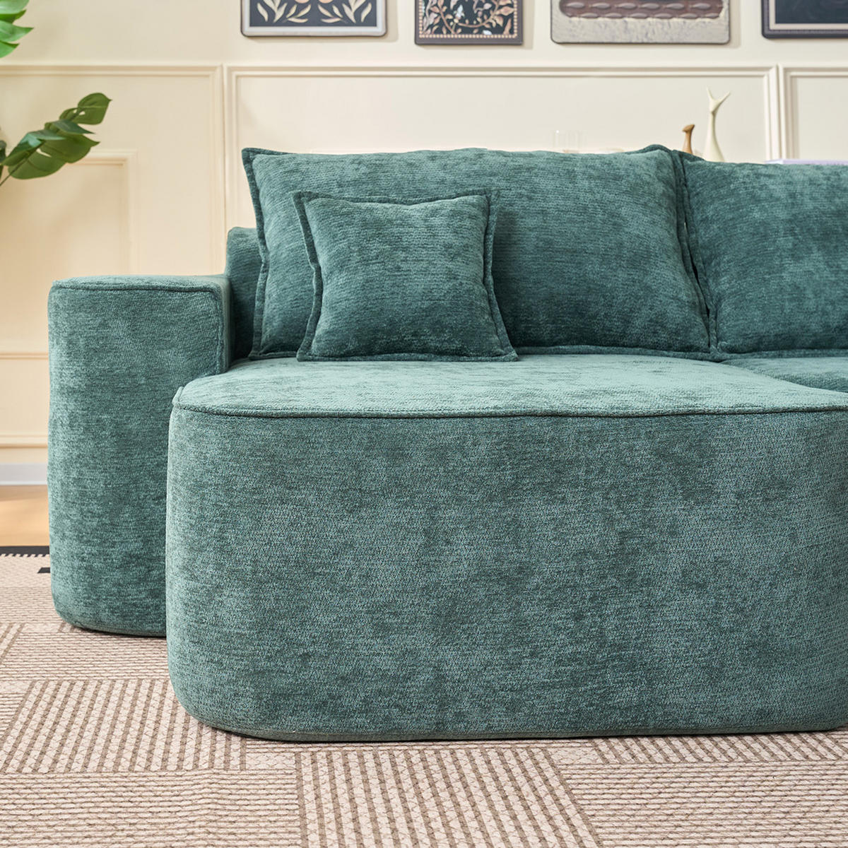 ECKSOFA Modulares L-Form in Chenille Montagefrei - Grün, Textil (262/144cm) - Urban Meuble