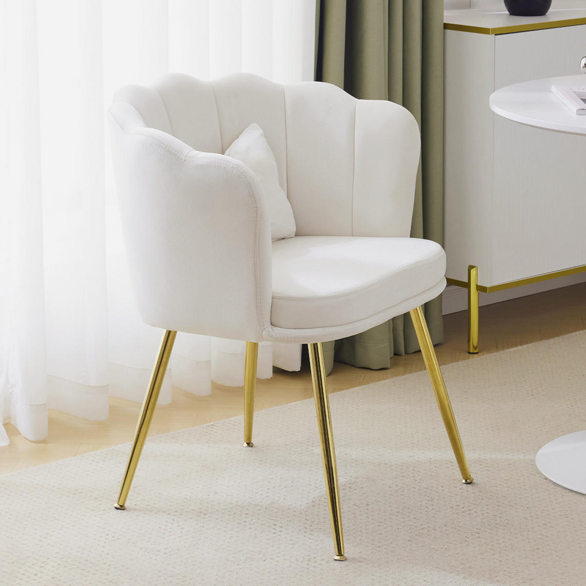 SESSEL Samt Blütenblatt-Rückenlehne Goldfüße & Kissen Beige - Beige, Holz (62/43/54cm) - FLIEKS