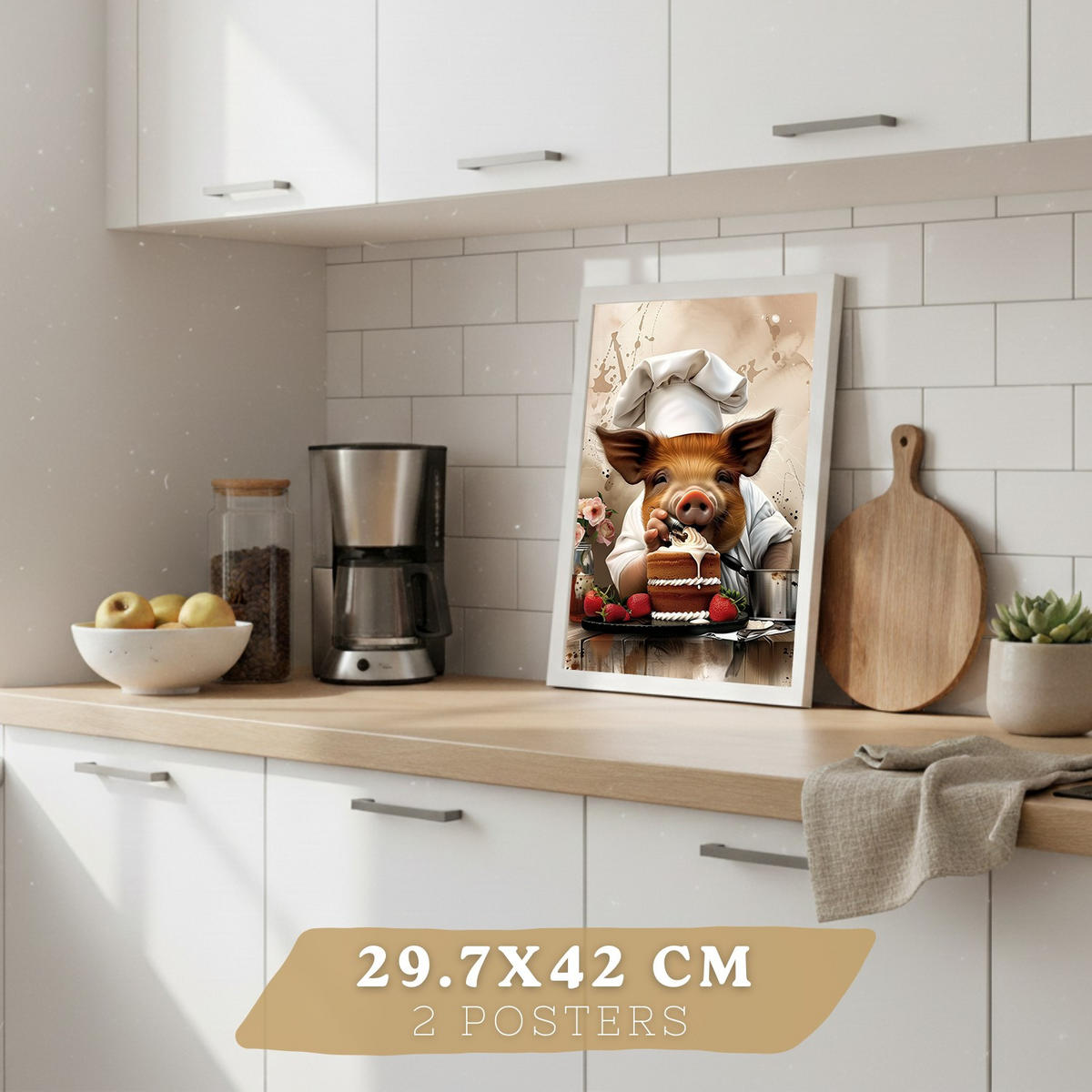 PLAKAT Sada 4 Zvířata vařící A3 Bílý rám - bílá, papír (29.7/1/42cm) - Nacnic
