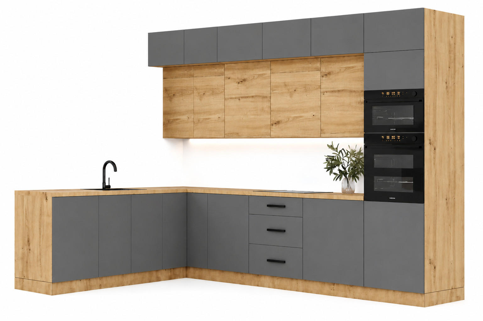 ECKKÜCHE 330 x 230 cm – Nexa K105-G330 – in Beige & Woodline / Matt - Beige/Schwarz, Holz/Metall (330/212/58cm) - ROYAL24_MARKT