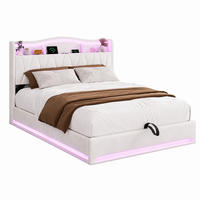 POLSTERBETT 160/200 cm mit Stauraum-Bettkasten, Ablagekopfteil, doppeltem mehrfarbigem LED-Licht an Kopf- und Fußseite, USB-Ladeanschluss - Beige, Holz/Metall (160/200cm) - Joyfair
