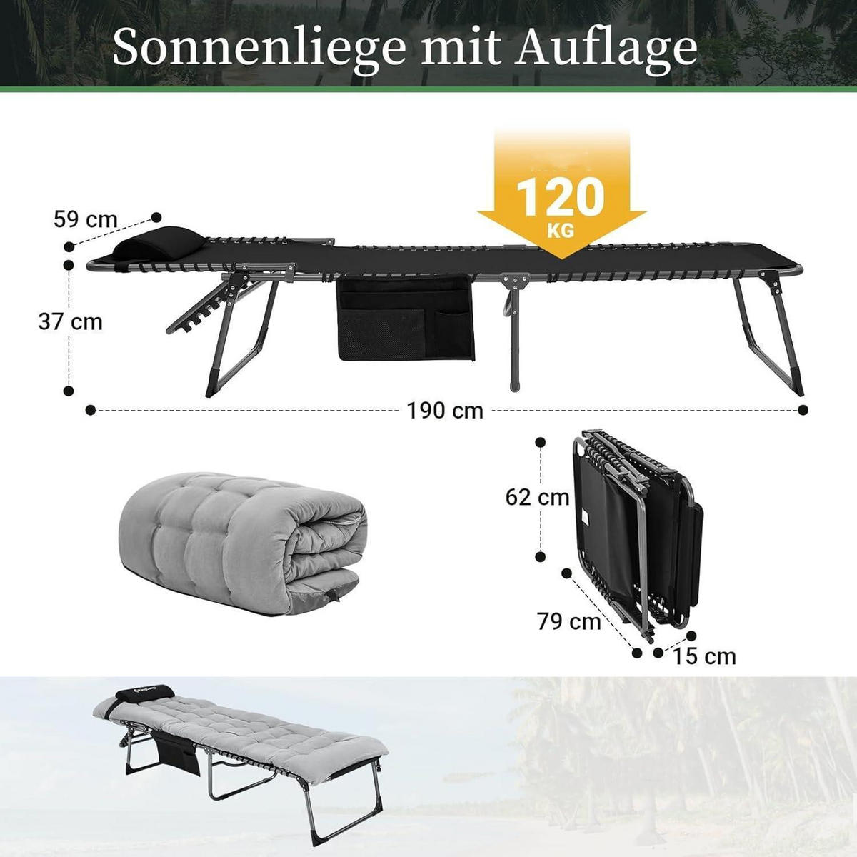 CAMPINGLIEGE mit Auflage verstellbar 5-fach Grau - Grau, Textil (59/37/190cm)