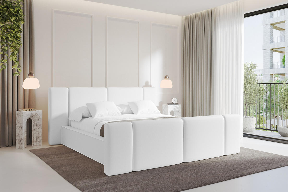 POLSTERBETT mit Bettkasten, Fußteil und Lattenrost, Boxbett ohne Matratze - RIVO-Z 160x200 Weiß - Weiß Hochglanz, Holzwerkstoff/Textil (160/200cm) - ALTDECOR