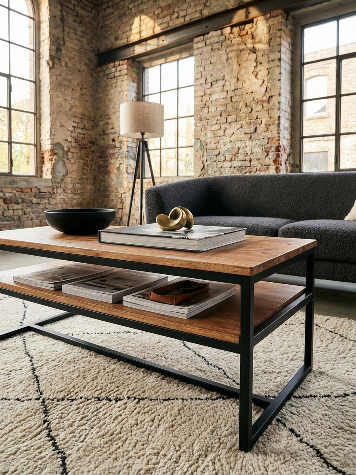 COUCHTISCH Industrial Vintage, Akazienholz und Eisen, 2 Ablagen, Belastbarkeit 15 kg - Beige/Schwarz, Holz/Metall (60/100/45cm) - KADIMA DESIGN
