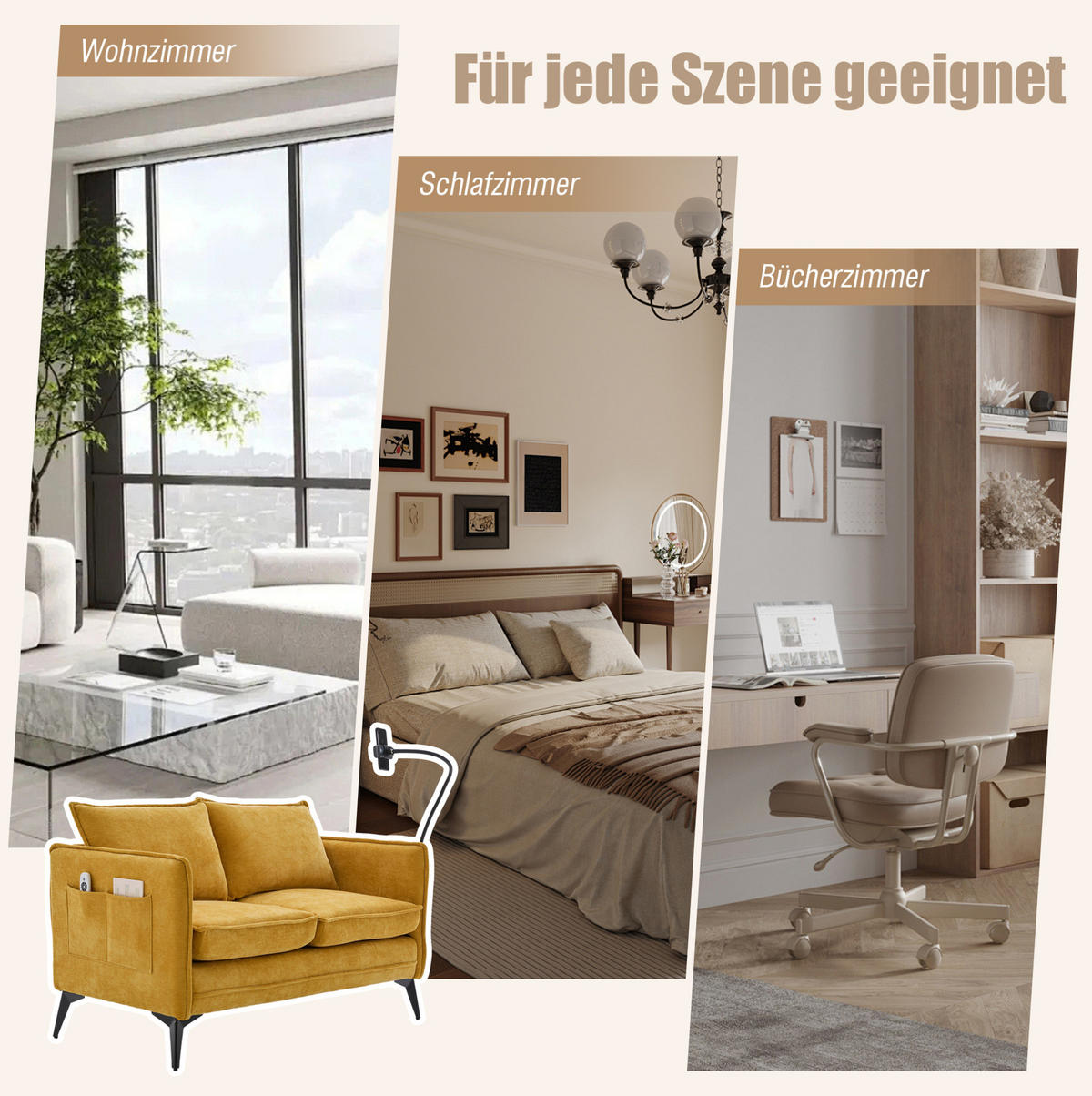 2-SITZER Sofa Chenille mit Handyhalterung und Ablagefächern 127/69/66 cm Gelb - Gelb, Textil (66/127/69cm) - Redom