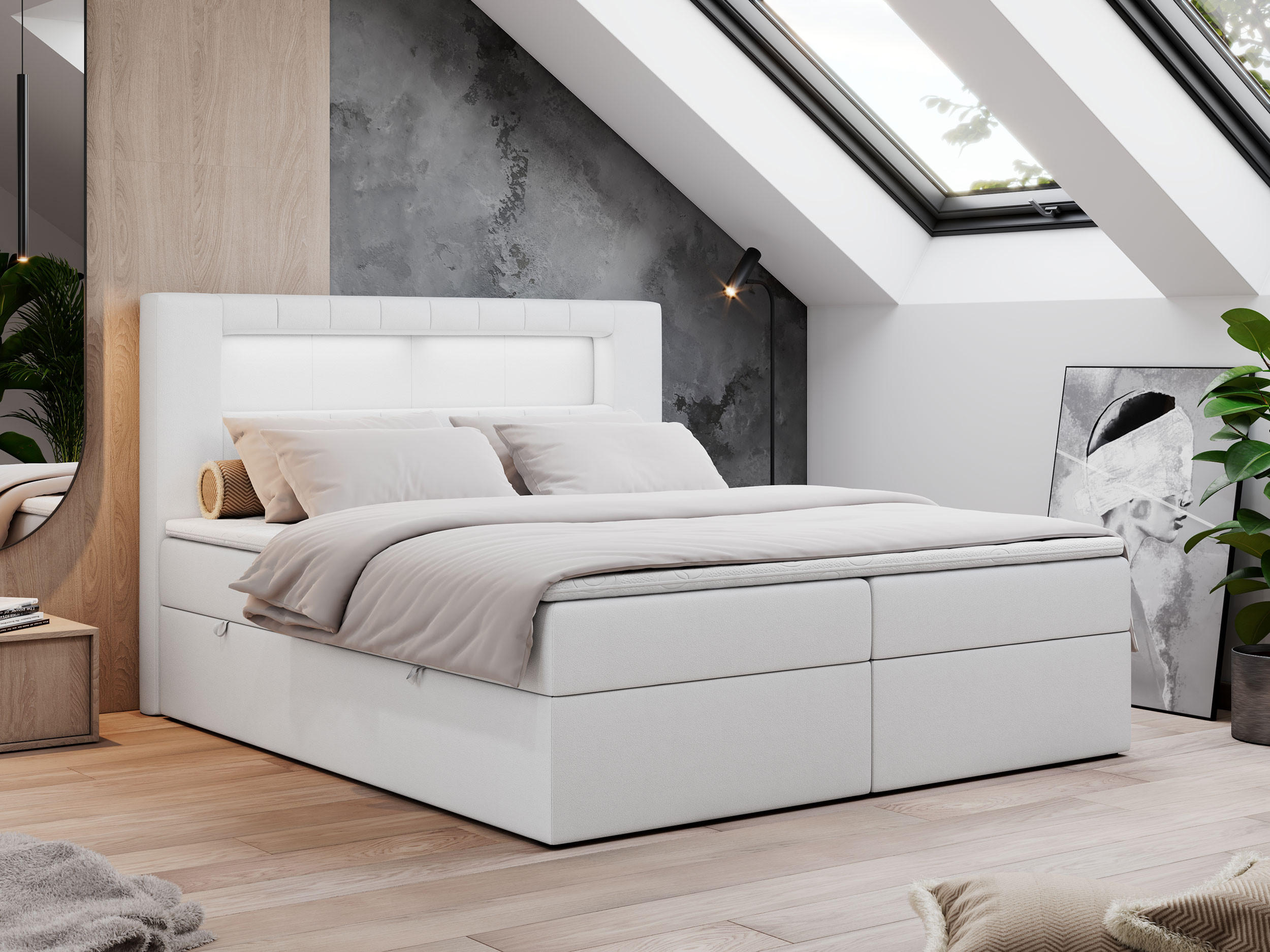 BOXBETT GOLD-5 LED 120/200 Weiß Kunstleder - H4 - Weiß, Holz/Textil (120/200cm) - MKS