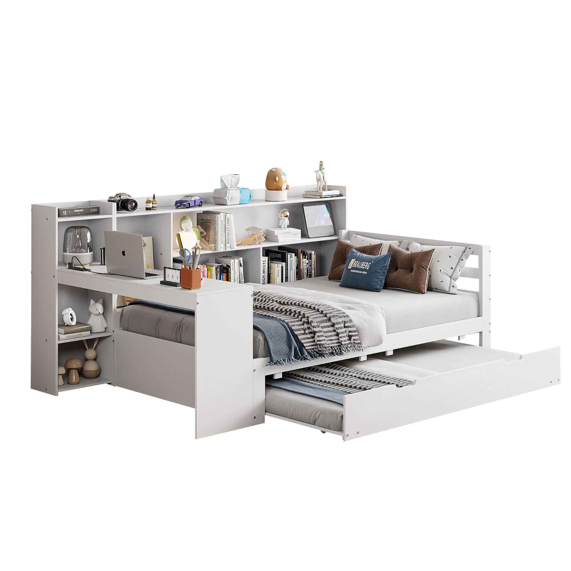 BETT Weiß 90×200cm aus Massivholz mit Schreibtisch, Bücherregal, Ablagefächern, ausziehbarem Unterbett und integrierter Steckdose - Weiß, Holz (90/200cm) - Luhomfu